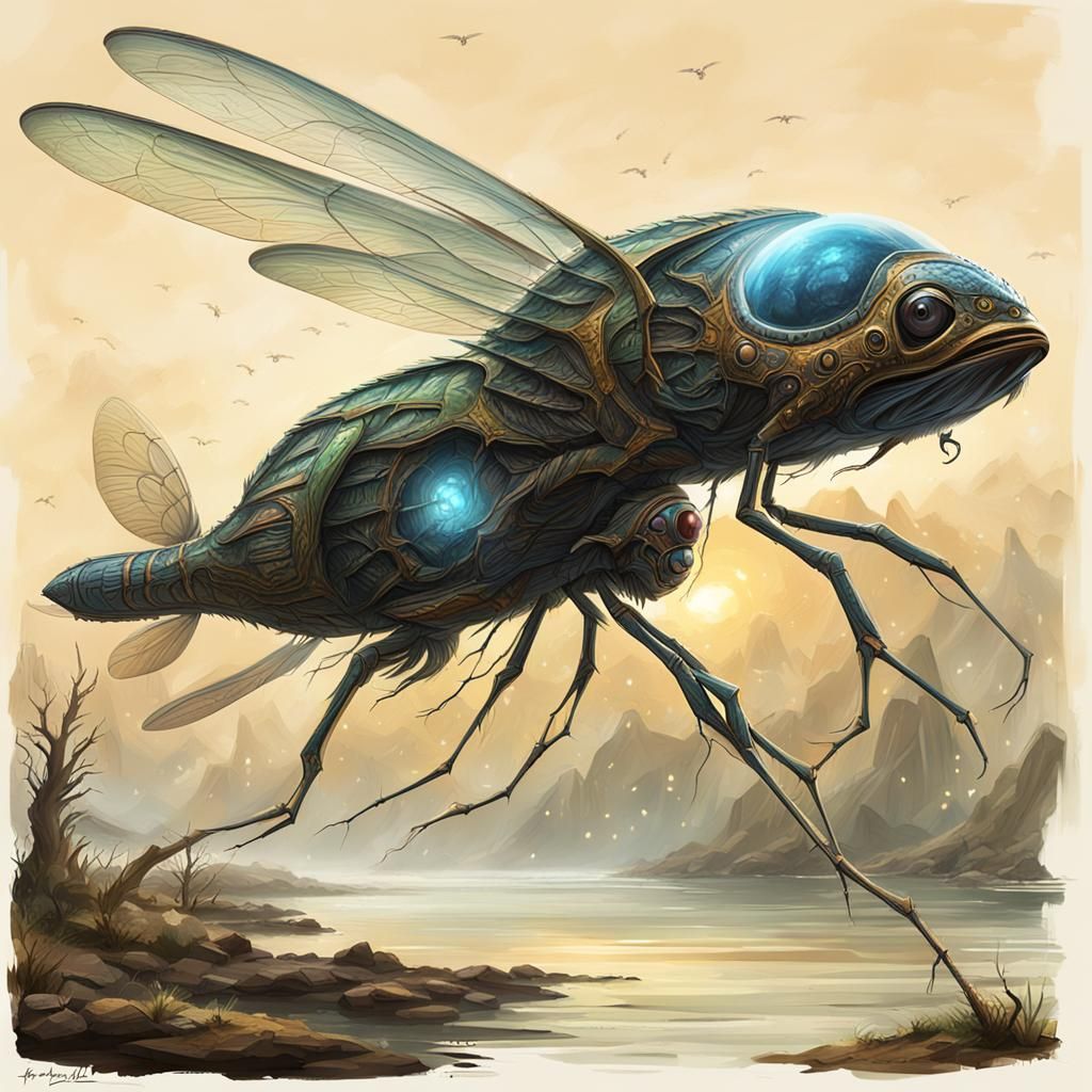 Exoplanet with Dragonfly Flying Fish: Xenobiology Art
