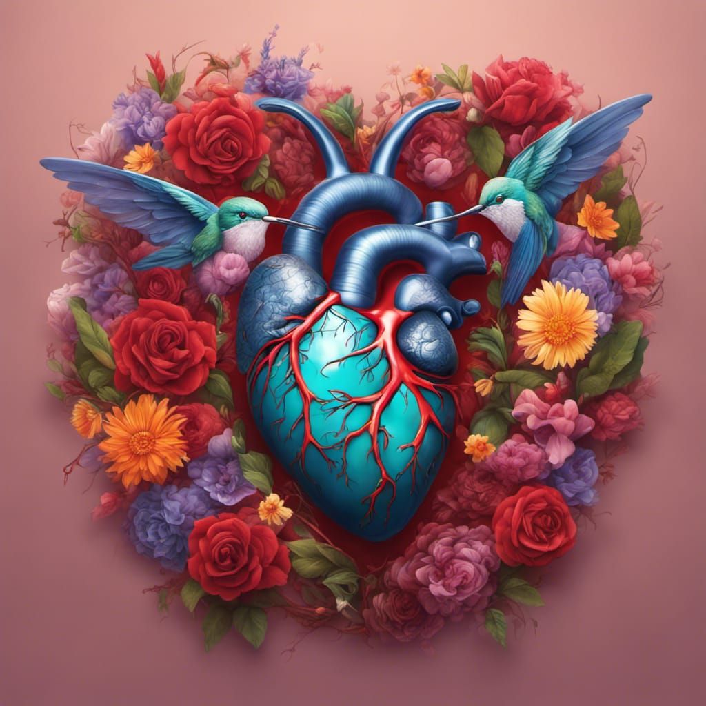 Anatomical Heart with Flowers and Hummingbird