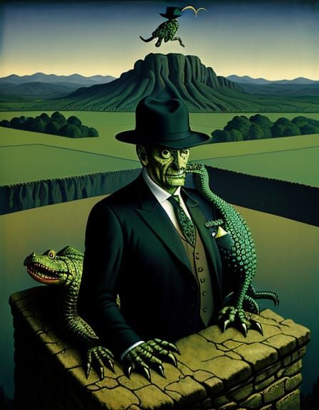Surreal Wall Scene with Crocodile Companion