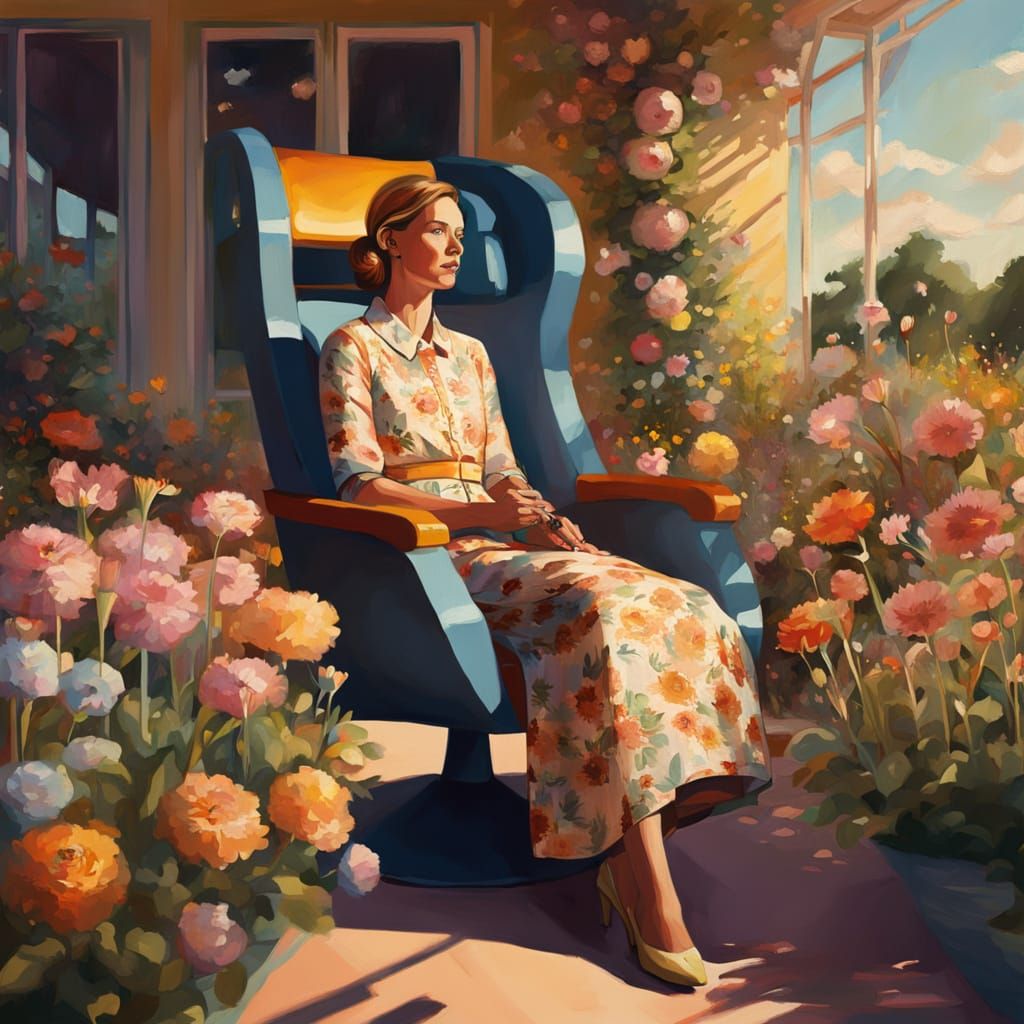 Woman in a Garden by a Rocket Launchpad, in Peter Gric Style