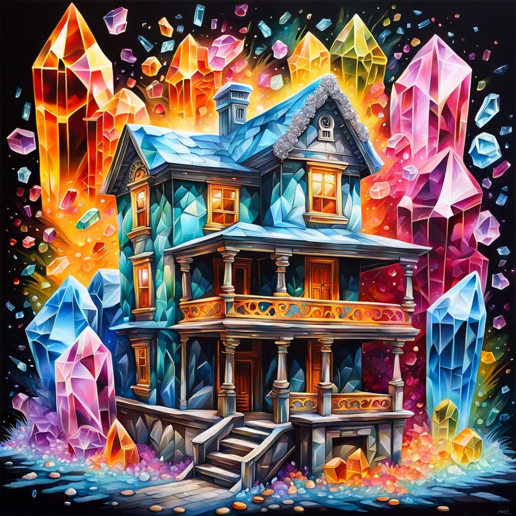 Intricate Crystal House in Graffiti Street Art Style