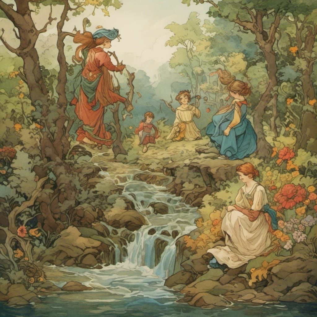 Fairytale Maiden in Bioluminescent Forest Creek