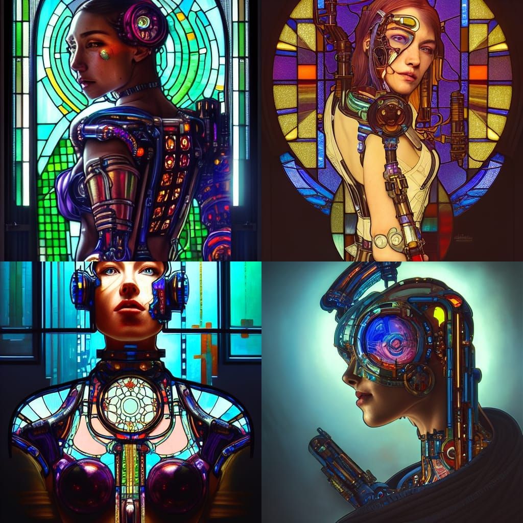 Cyberpunk Cyborg Warrior Stained Glass Portrait