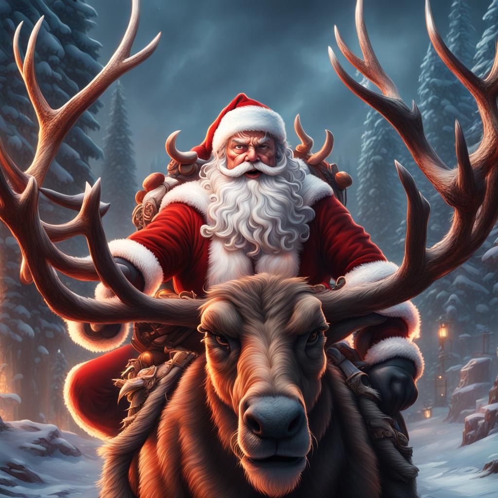 Muscular Santa Claus on Demonic Reindeer