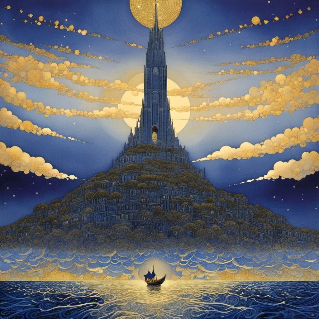 Celtic Island Tower Under Night Sky, Golden Age Illustration