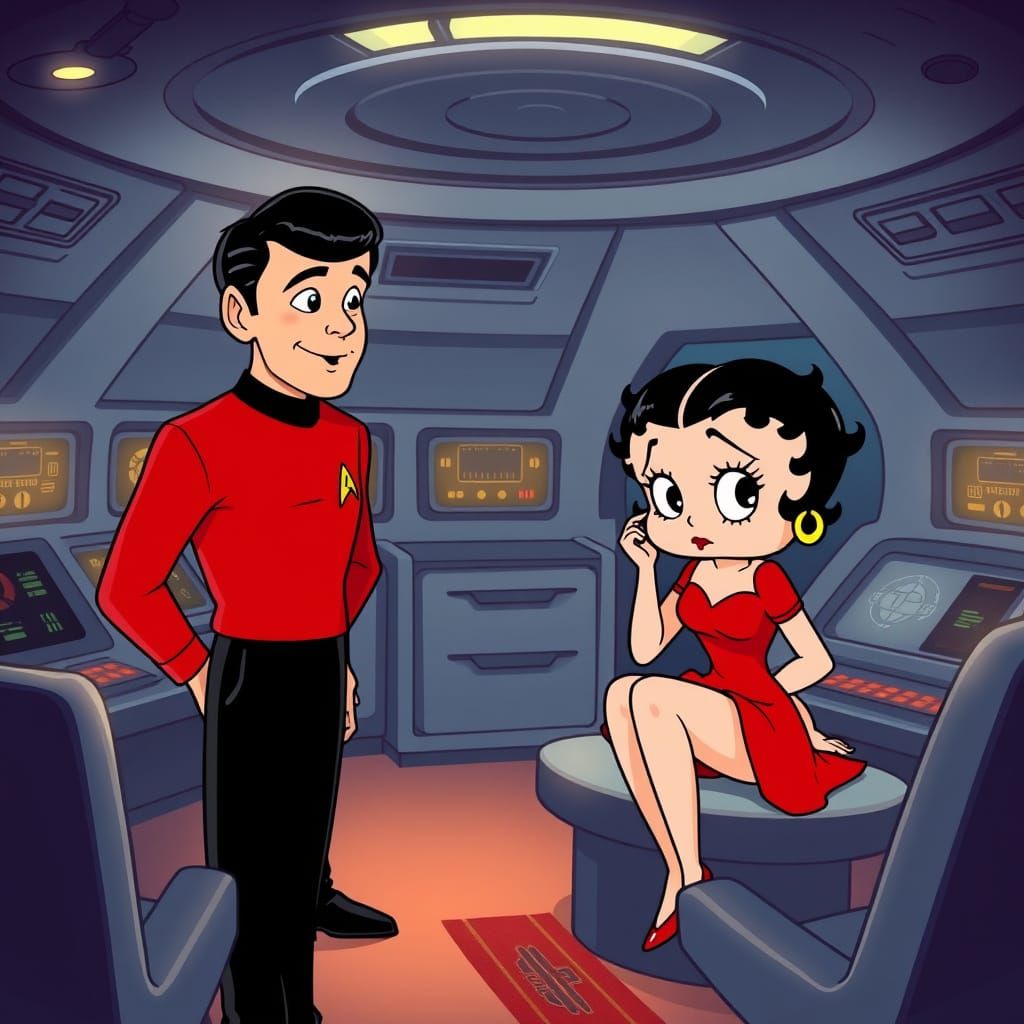 Betty Boop Meets Captain Kirk and Spock Aboard Enterprise