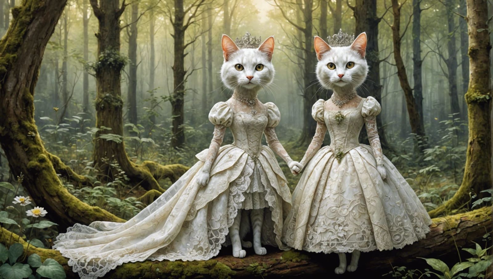 Royal Wedding of Humanoid Cats in Forest, Fantasy Oil Painti...