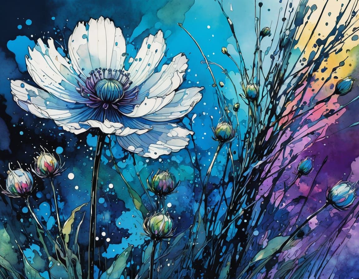 Detailed Wildflowers in Liquid Ink Watercolour Illustration