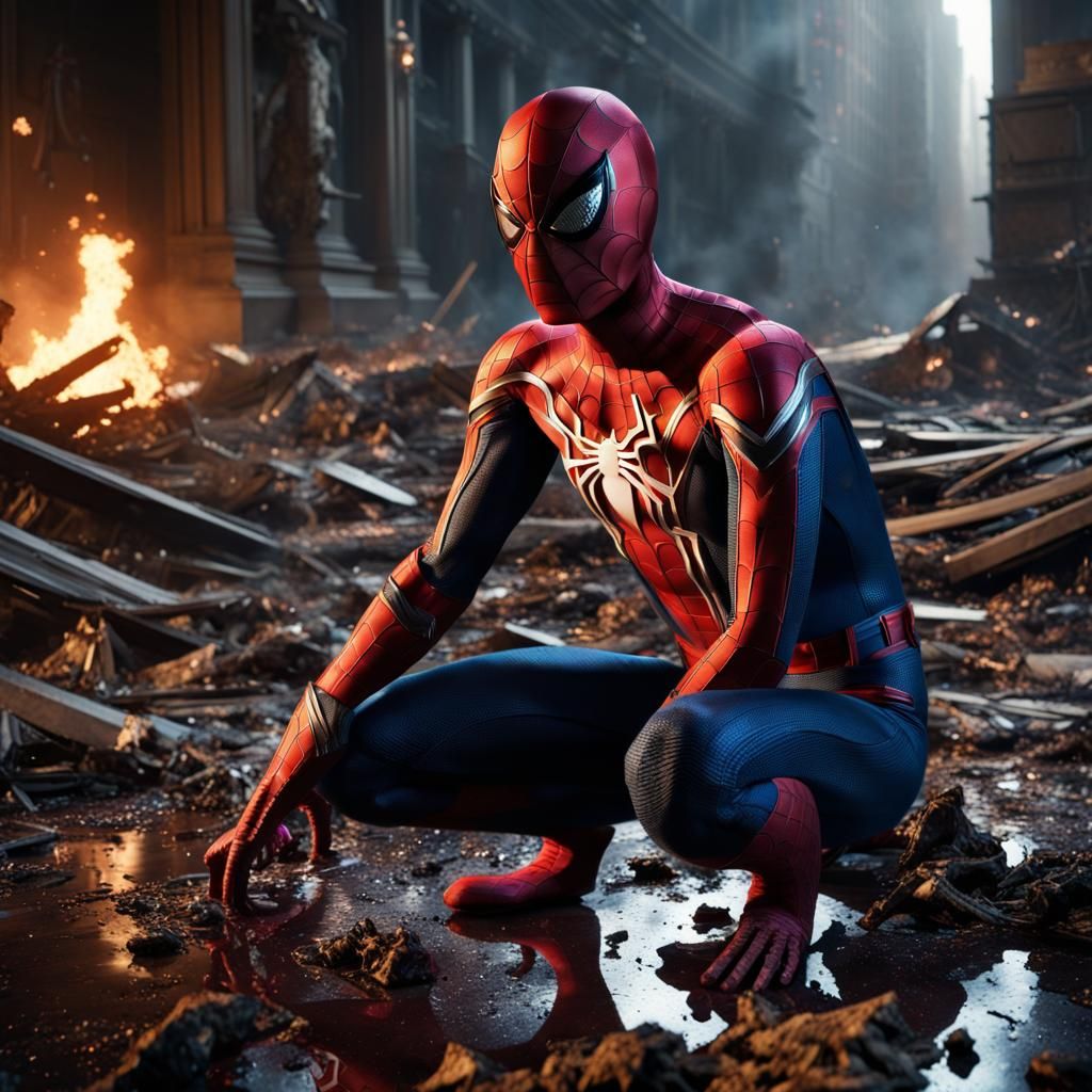 Spider-Man Kneeling in Shame: Photorealistic CGI Art