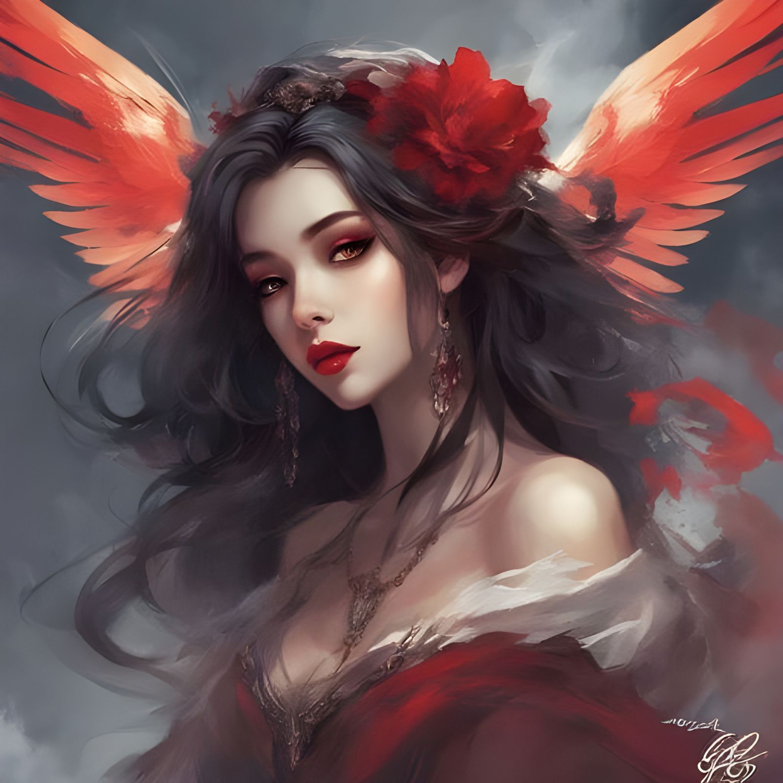 Dark-Haired Angel with Red Lips and Wings