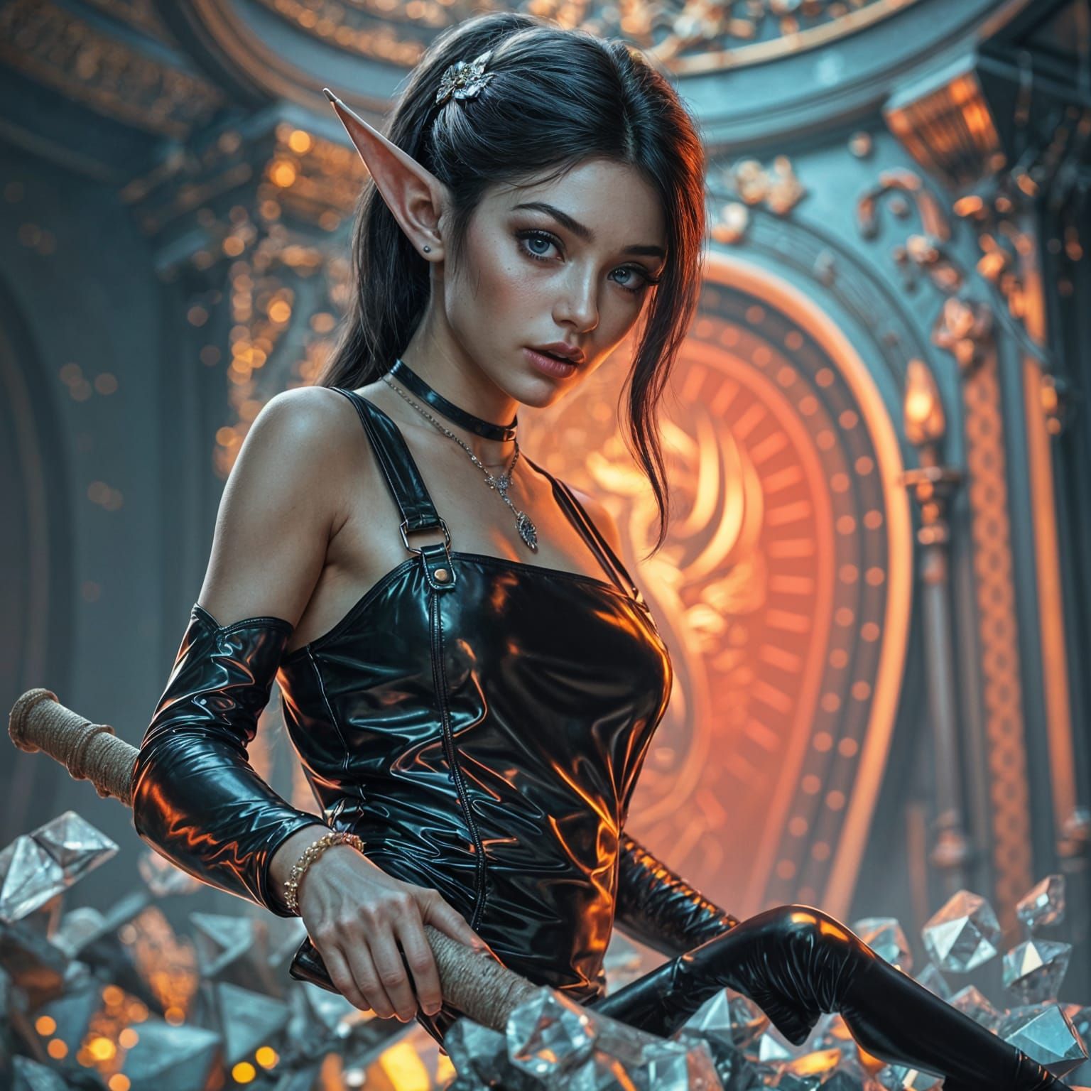 Hyperrealistic Elf Woman Shoveling Diamonds