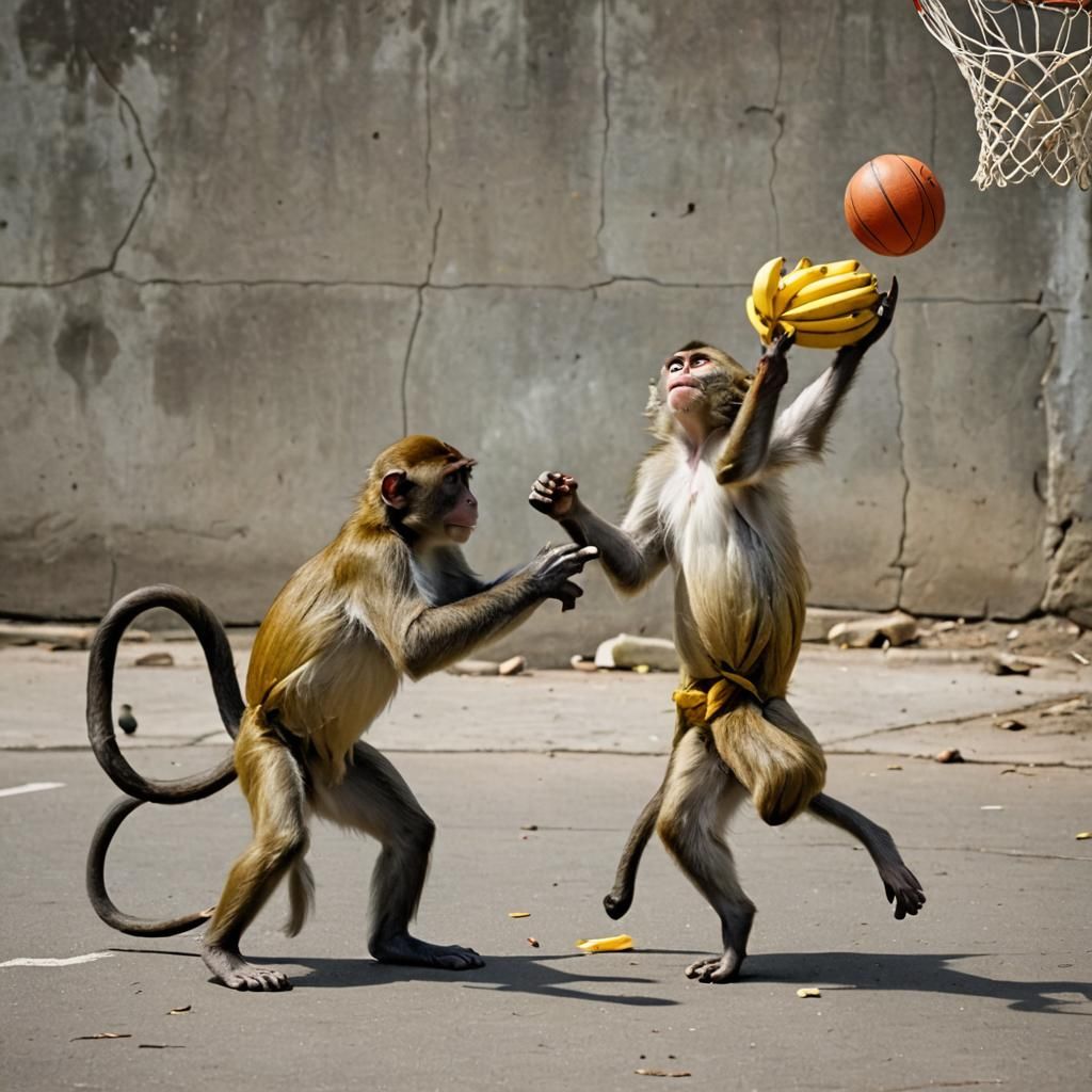 Monkey Plays Basketball and Eats Banana
