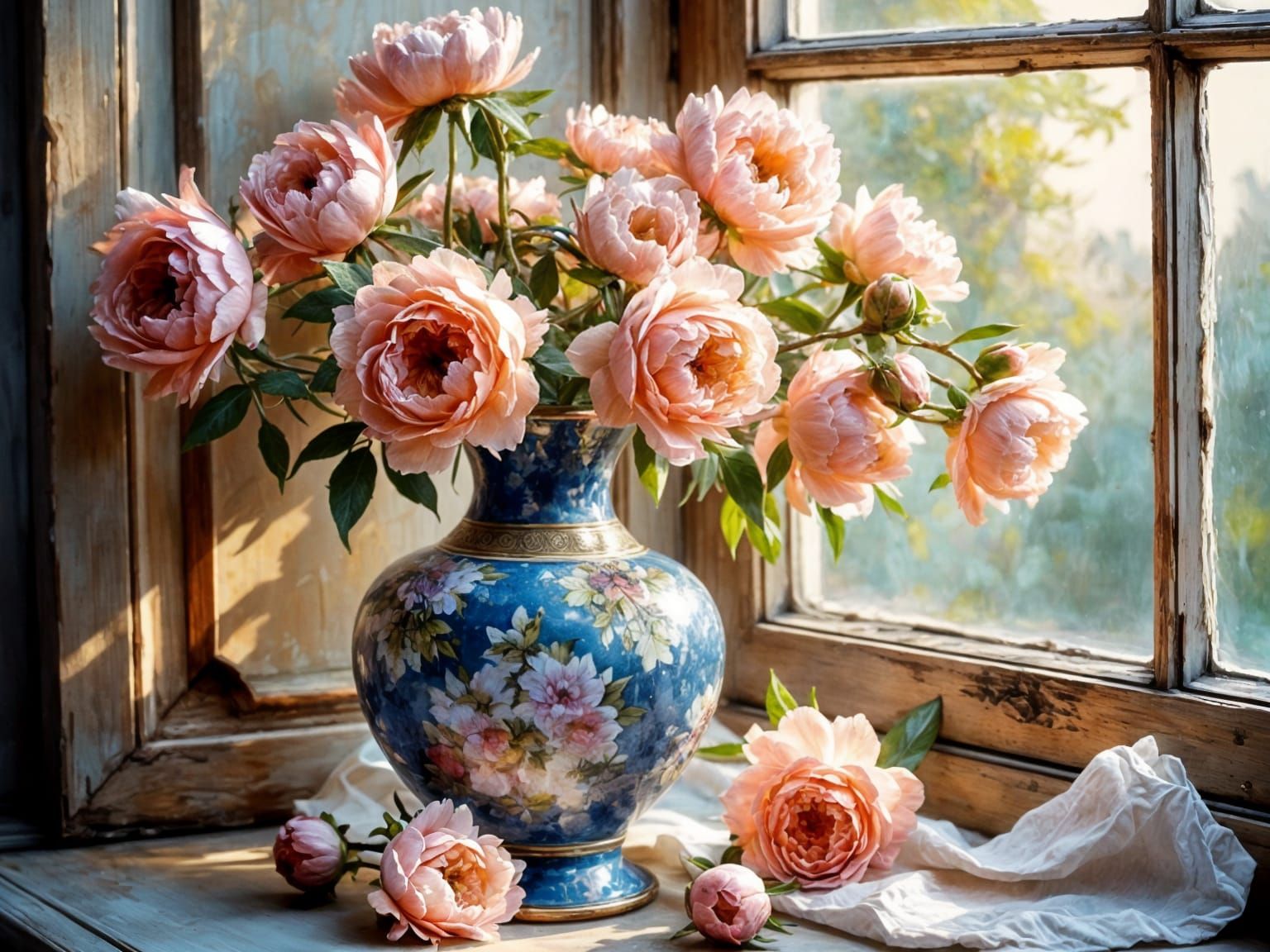 Ethereal Peonies in Antique Blue Vase, Soft Light