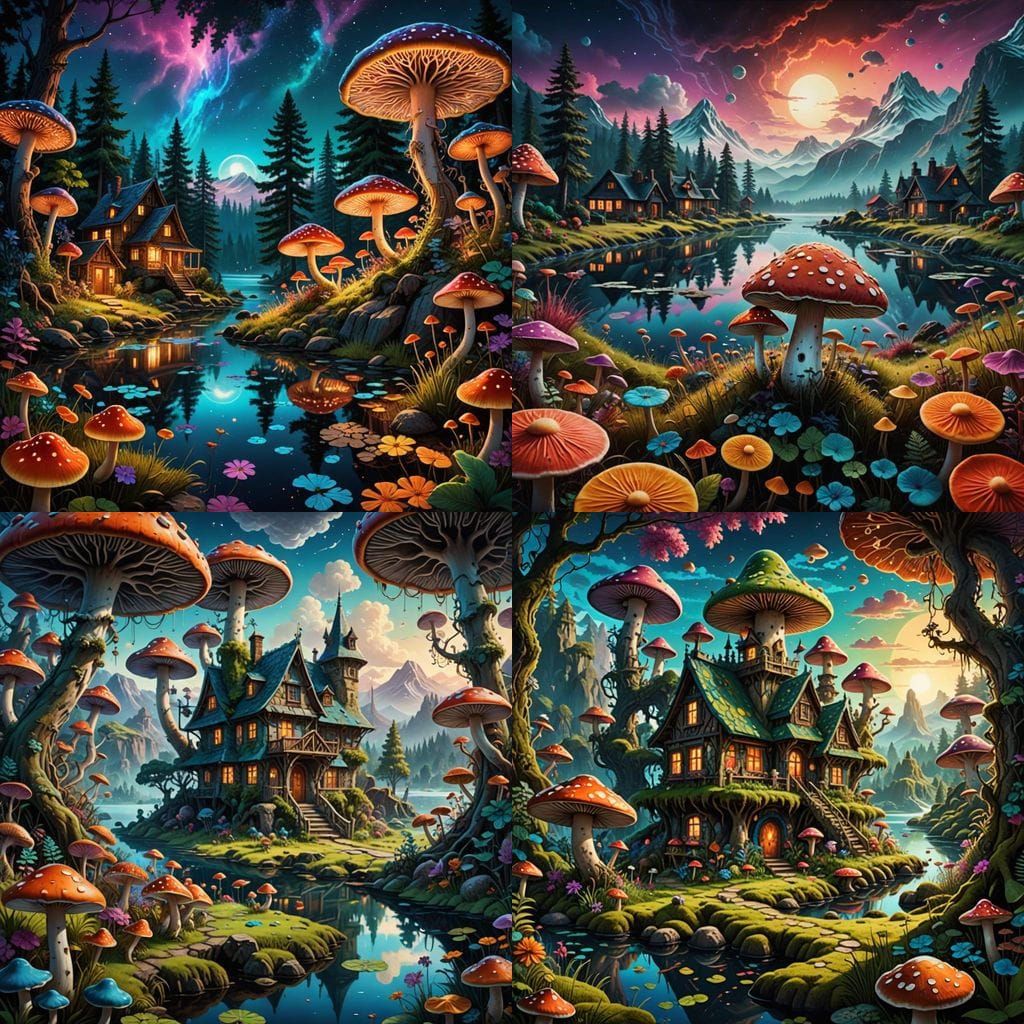 Psychedelic Landscape with Mushrooms, Animals, and Hippies