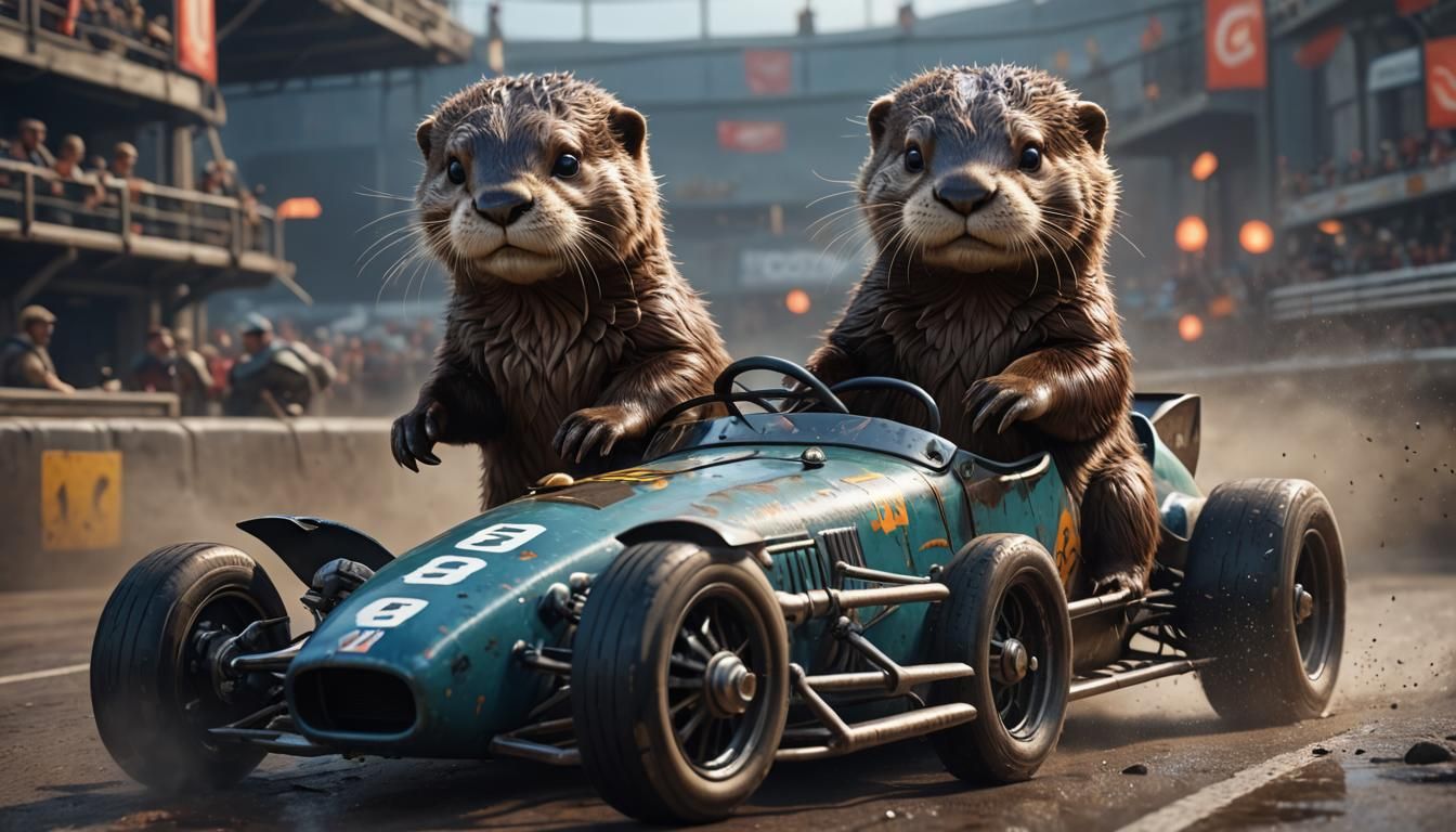 Cute Otter Driving a Race Car in Detailed Painting