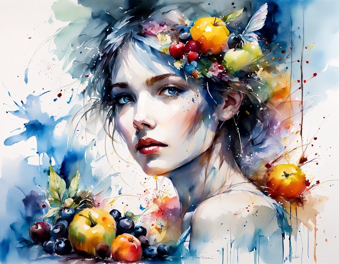 Fruit Fairies Gathering Lush Fruits in Watercolor Style