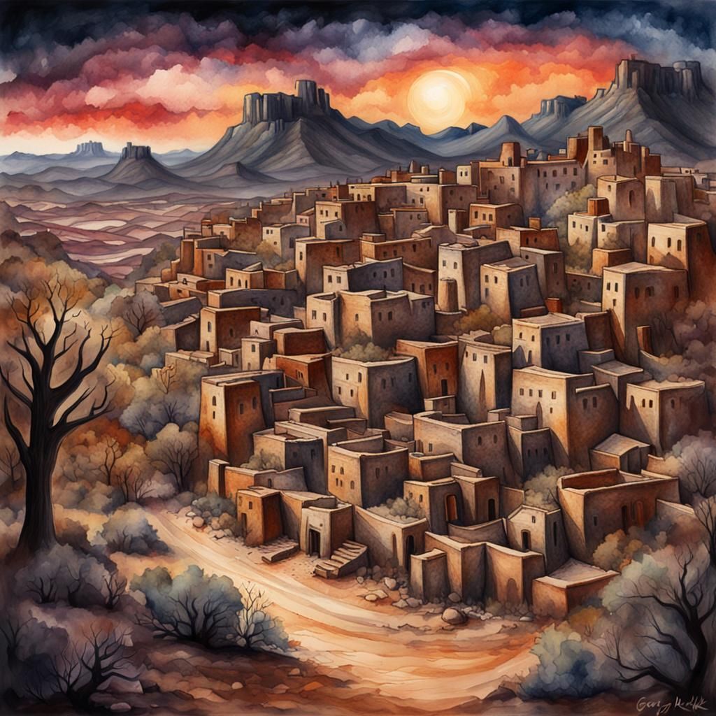 Anasazi City in Desert: Dark Watercolor Illustration