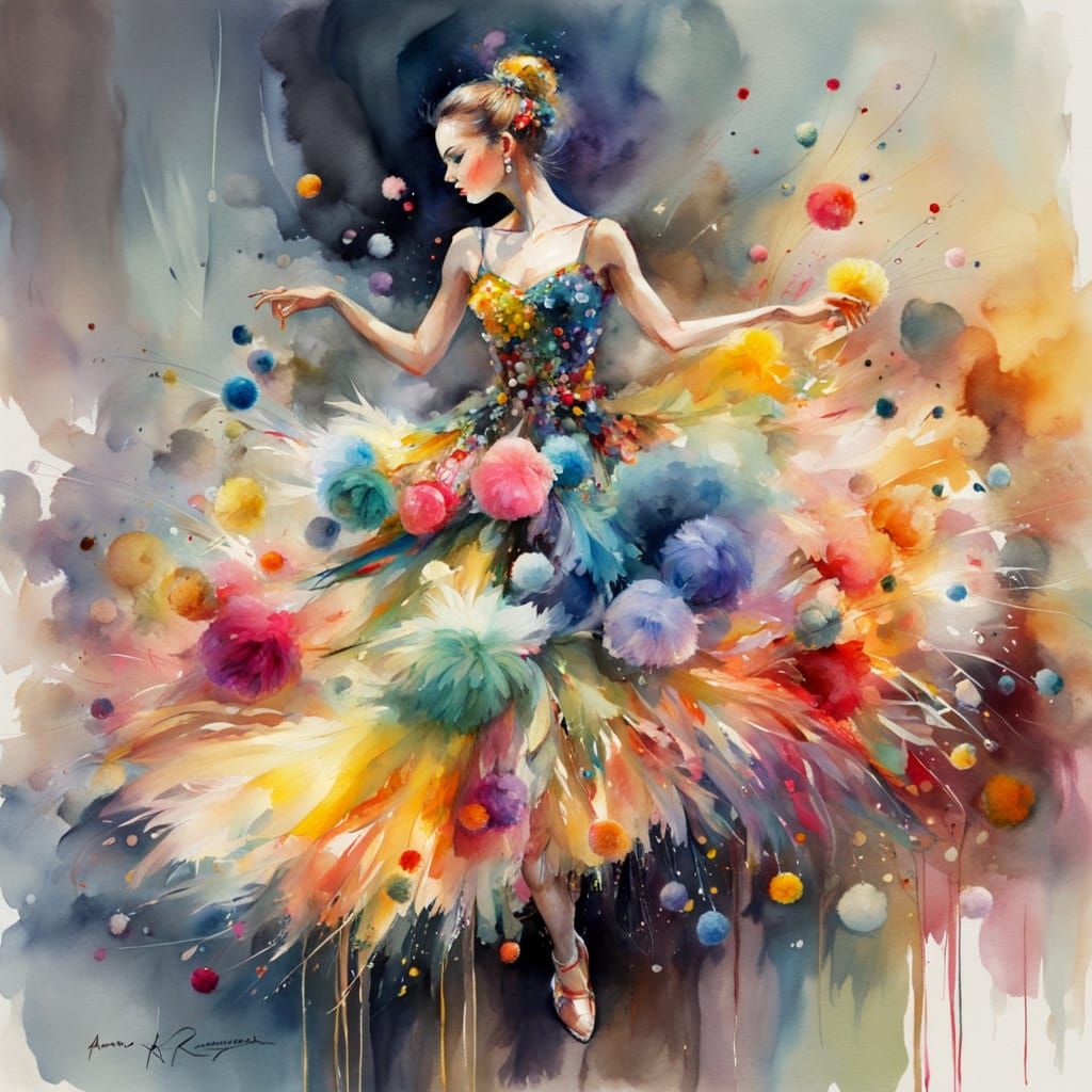 Pom Pom Dancer in Watercolor Style