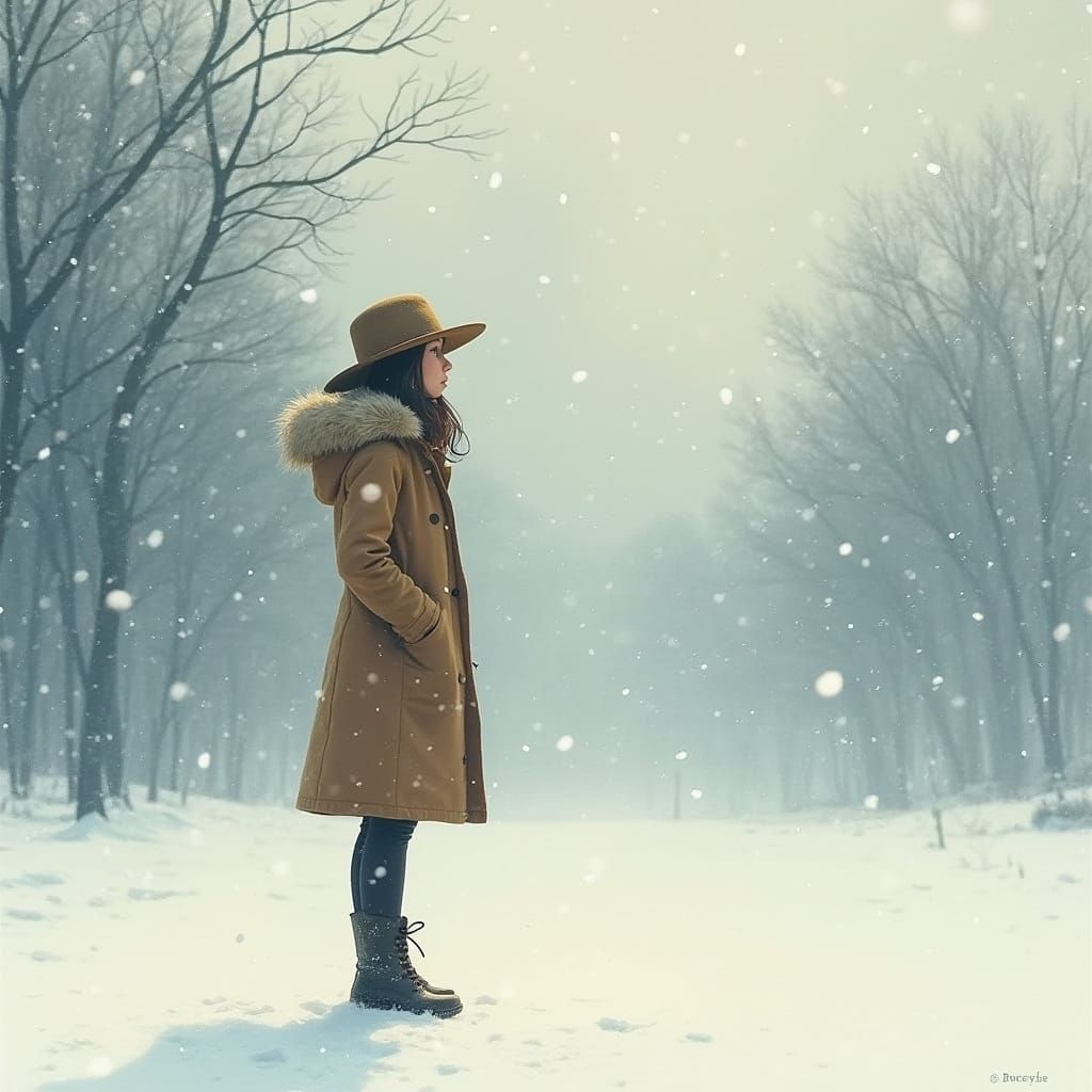 Woman in Snow Amidst Falling Snow, Watercolor Style