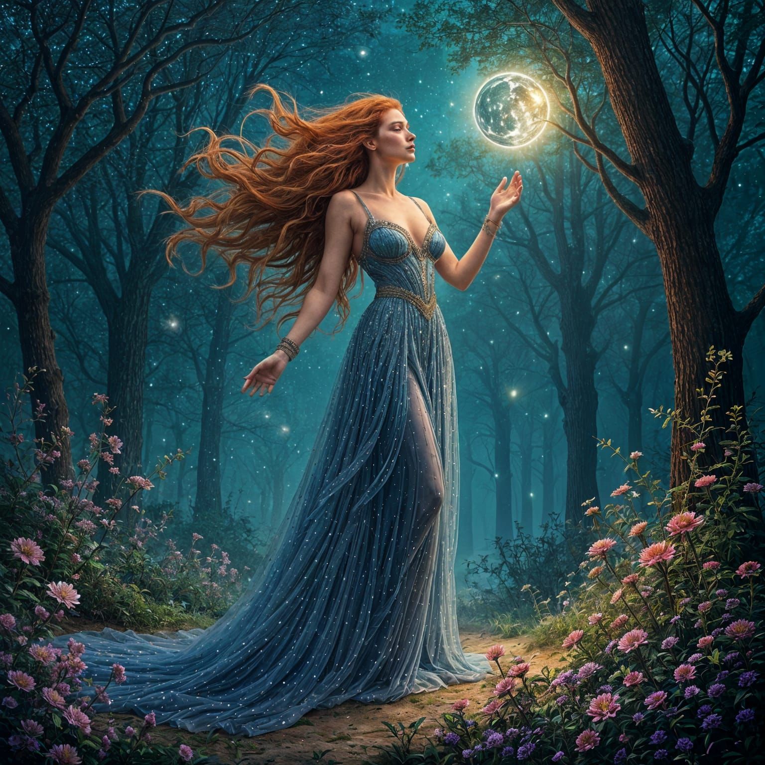 Majestic Goddess in Bioluminescent Forest, Cosmic Surrealism
