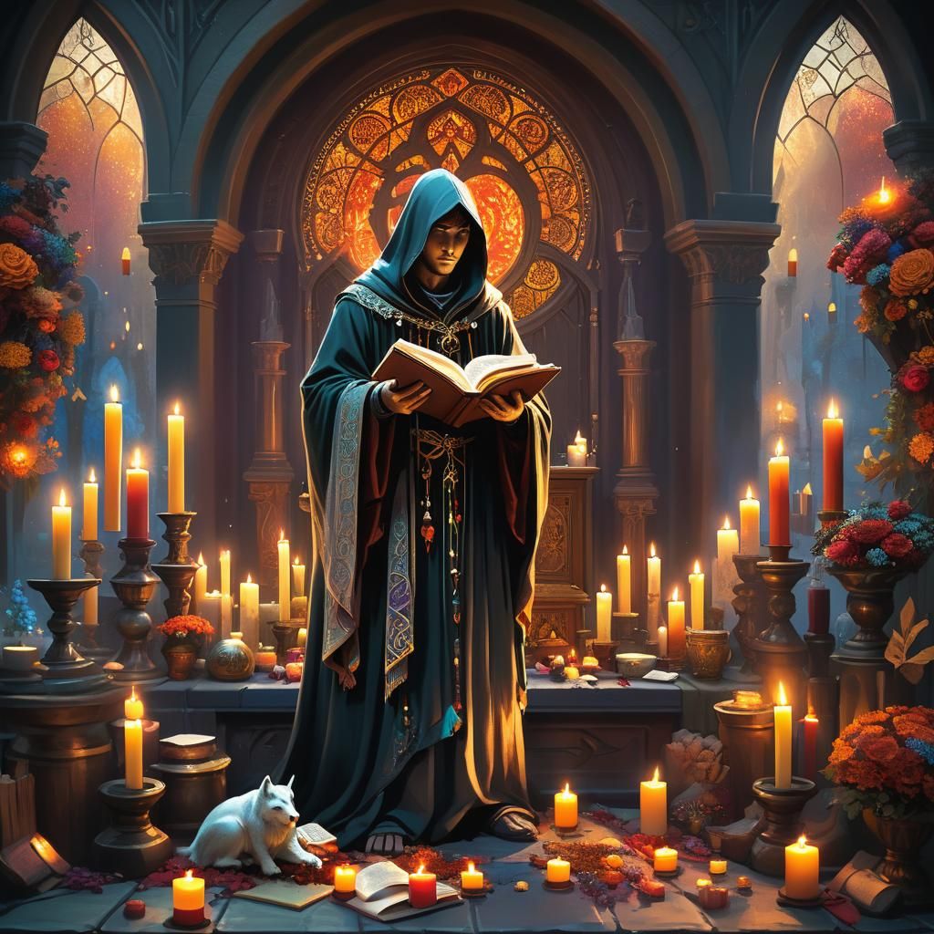 Mystical Hooded Figure at Altar: Fantasy Concept Art