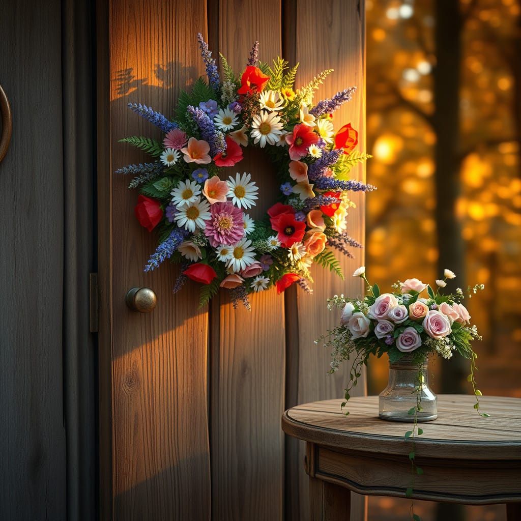 Whimsical Wooden Door with Vibrant Wildflower Wreath in Autu...