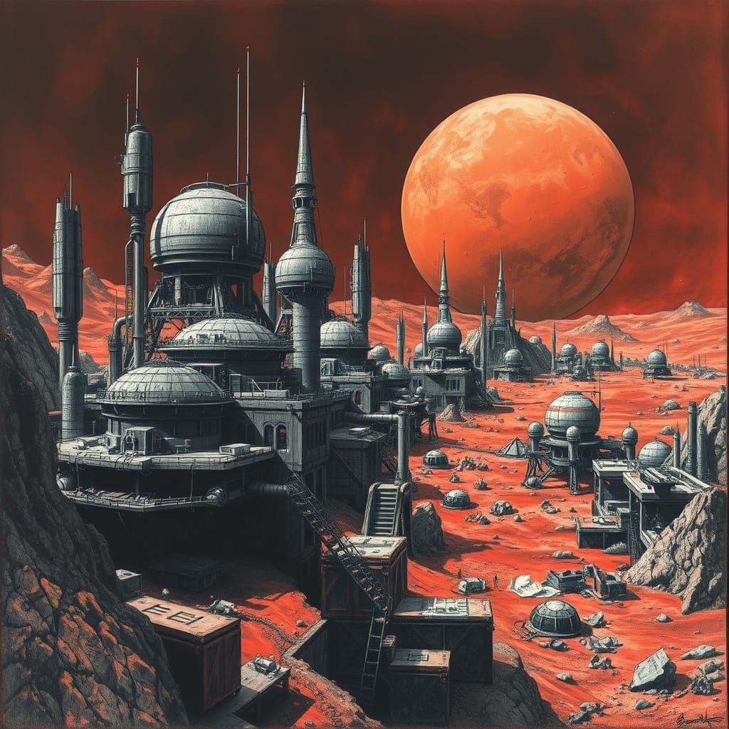 Mars Colony in Charcoal and Shadow