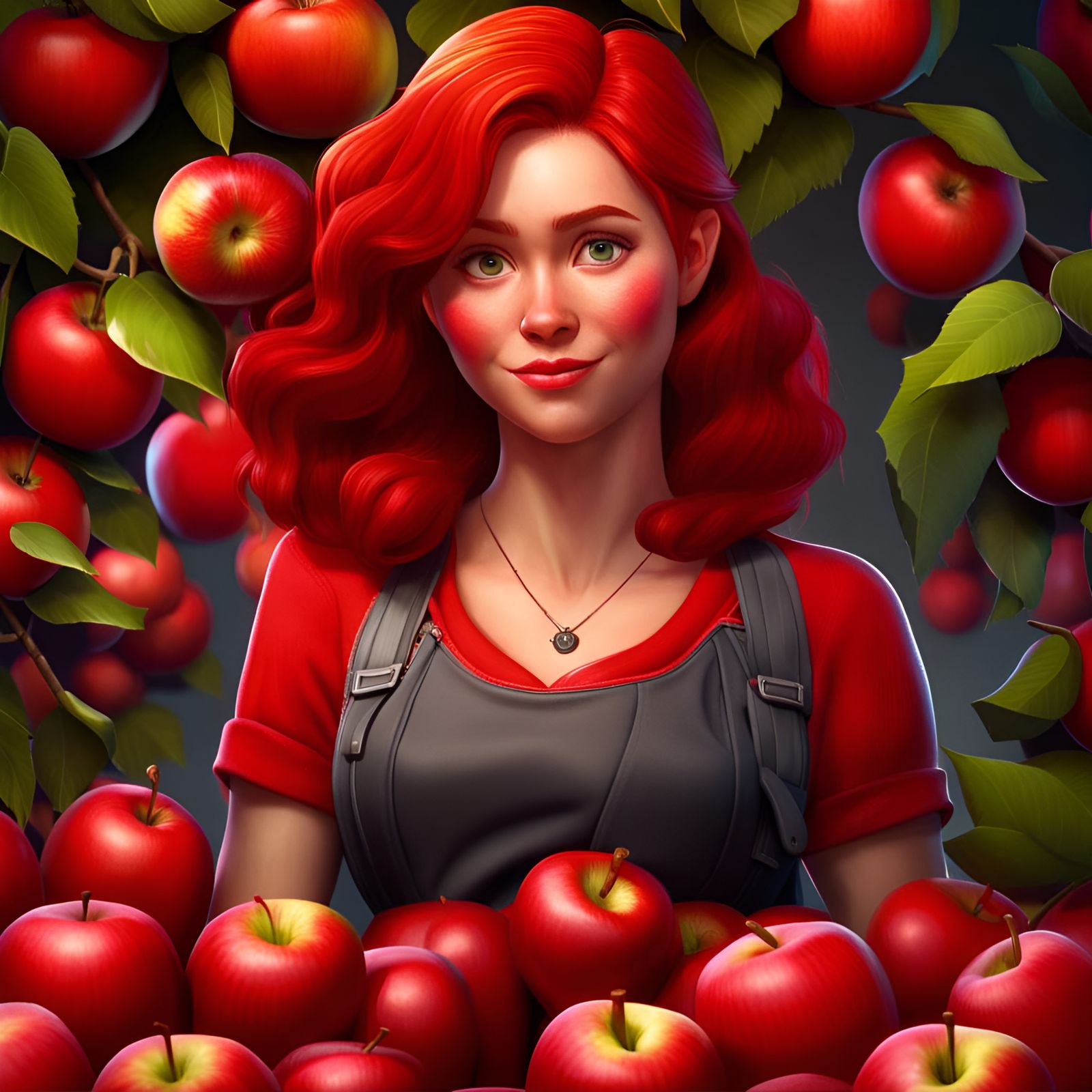 Red-Haired Woman Surrounded by Apples, Digital Art