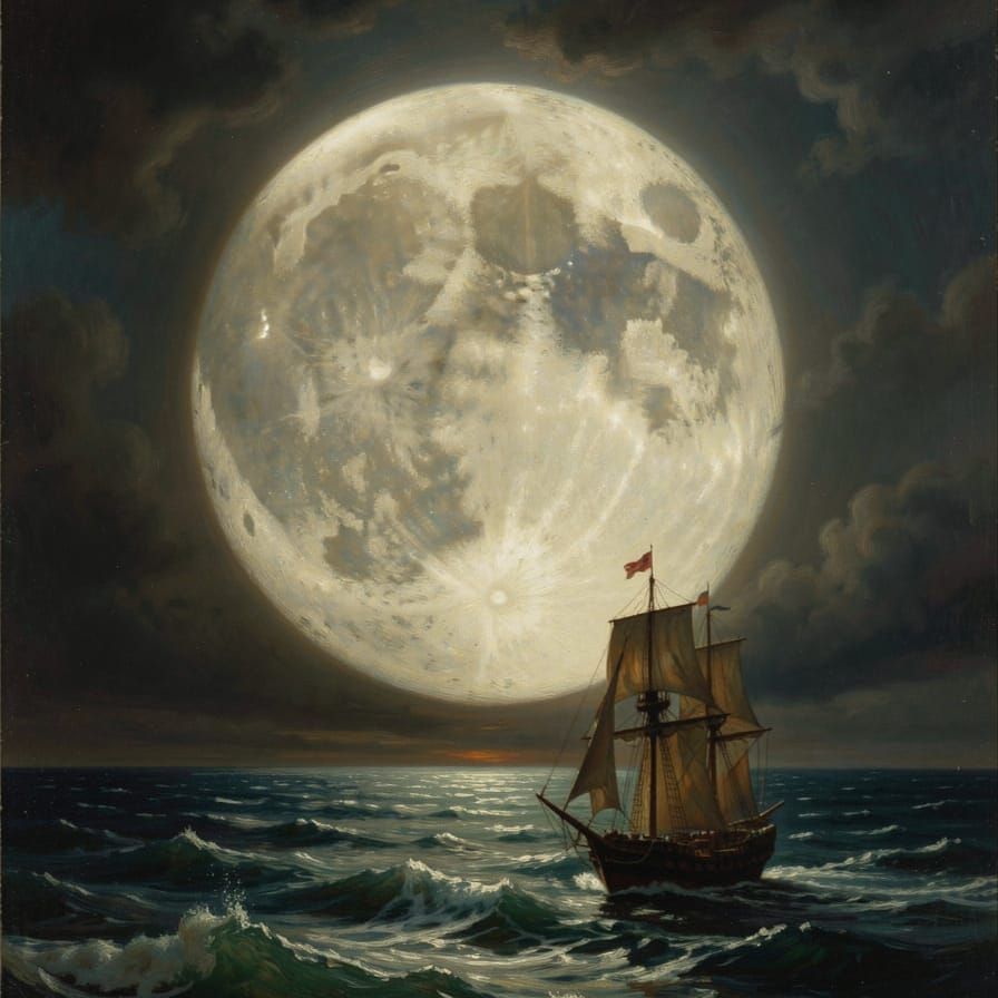 Gigantic Moon Over Seascape With Ship
