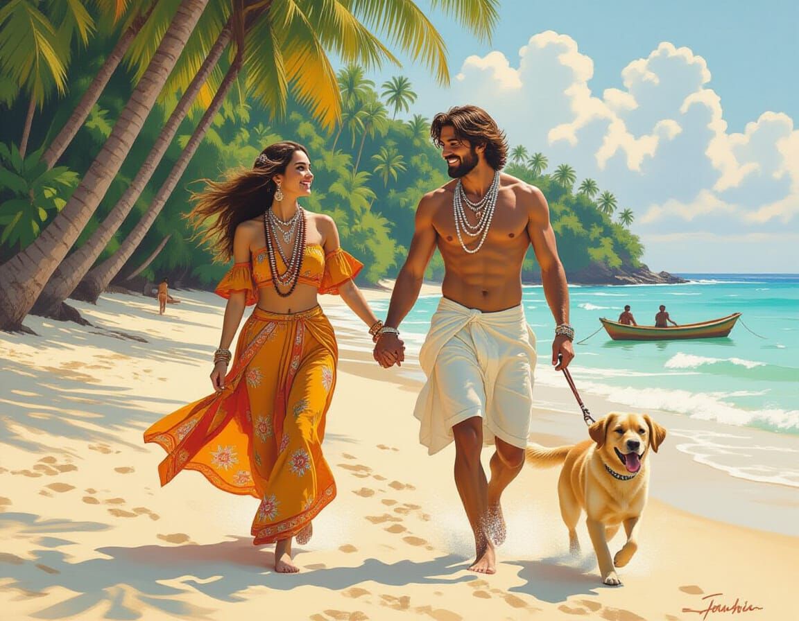 Fiji Beach Scene with Couple in Maximalist Style