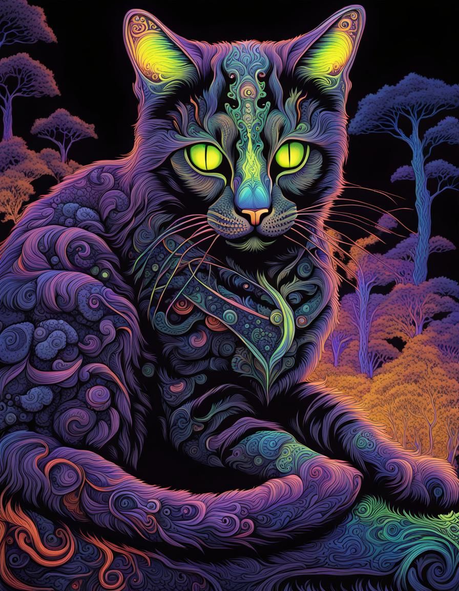 Blacklight Fractal Cat: Whimsical UV Fantasy Art