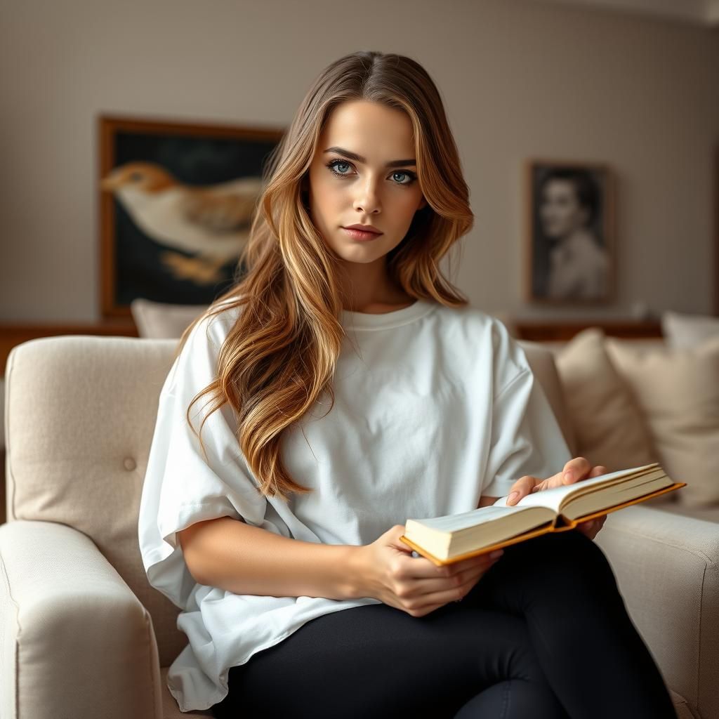 Serene Woman Reading in Mid-Century Living Room