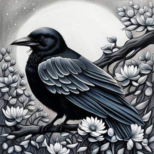 Detailed Crow with Flowers, Intricate Linework