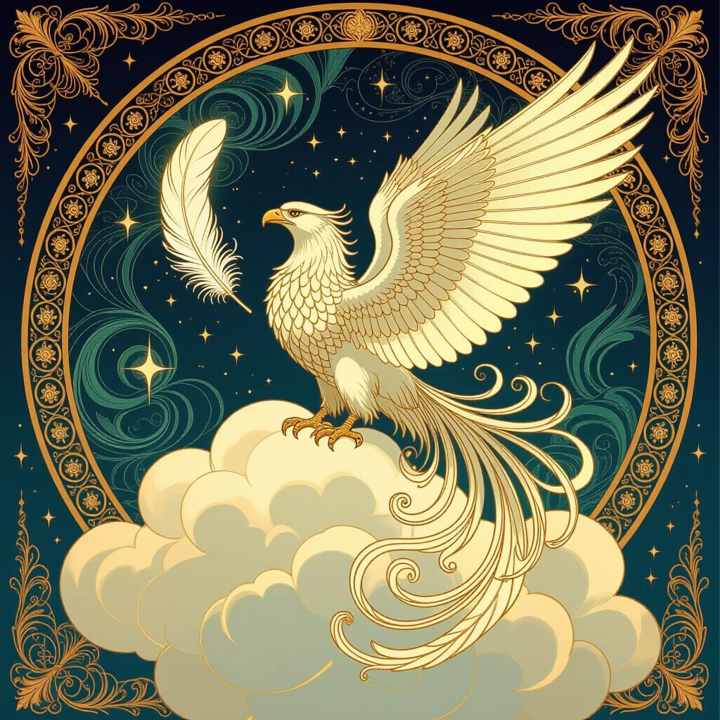 Griffin on Cloud with Luminous Feather