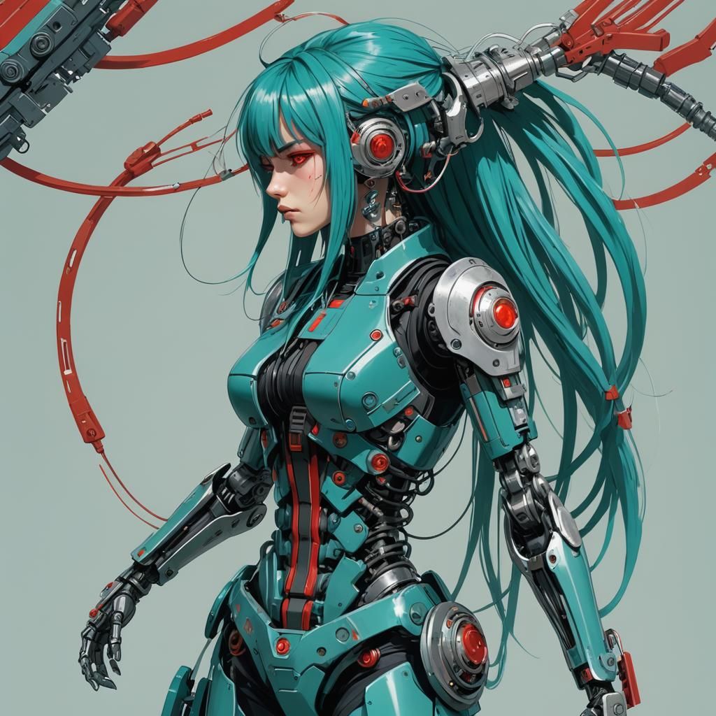 Biopunk Cyborg with Turquoise Hair and Mechanical Arms