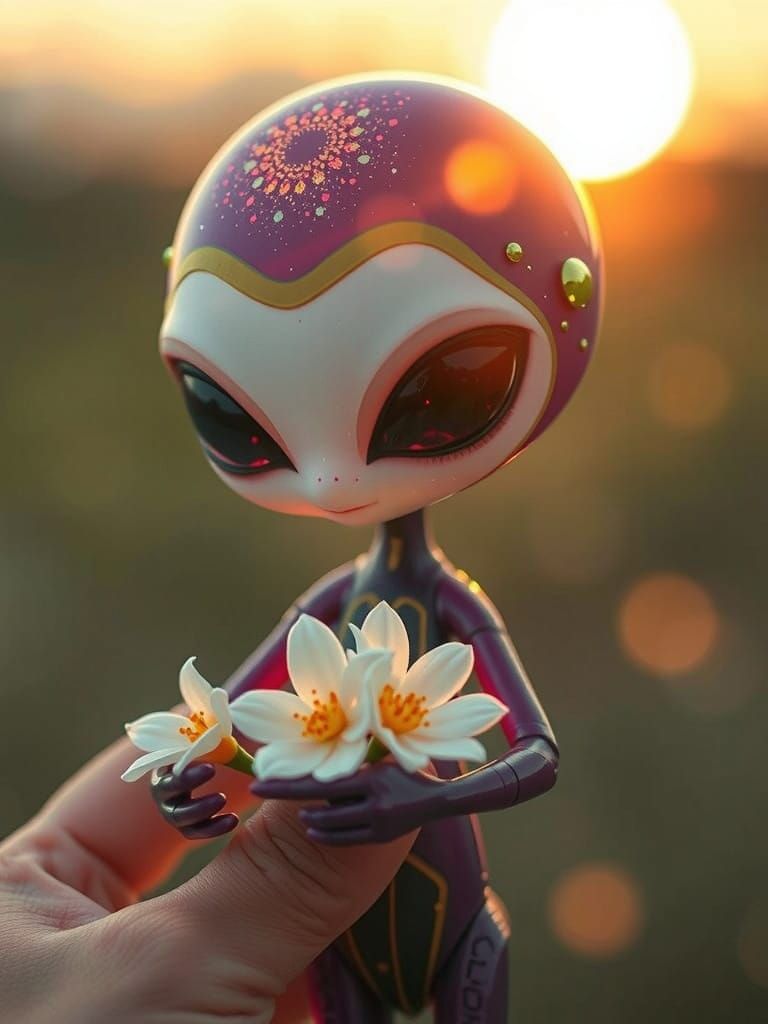 Cosmic Alien Doll with Cosmos Flowers in Sunset