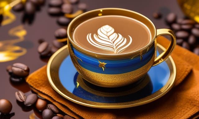 Golden Coffee Cup Floating in Galaxy, Photo-realistic