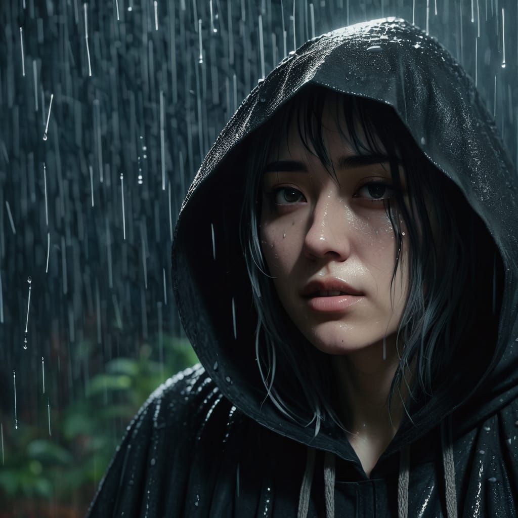 Anime Girl in Hooded Cloak in Moody Rain