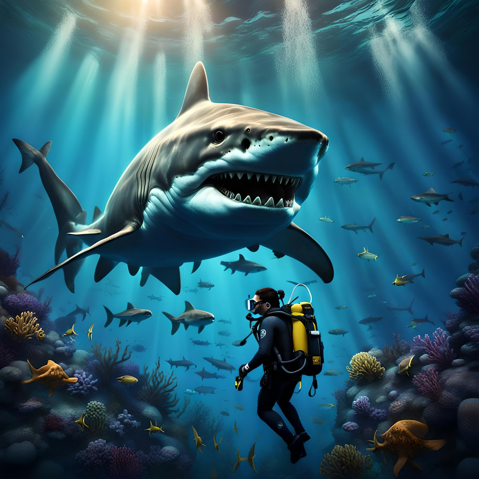 Diver Meets Shark in Ocean Depths