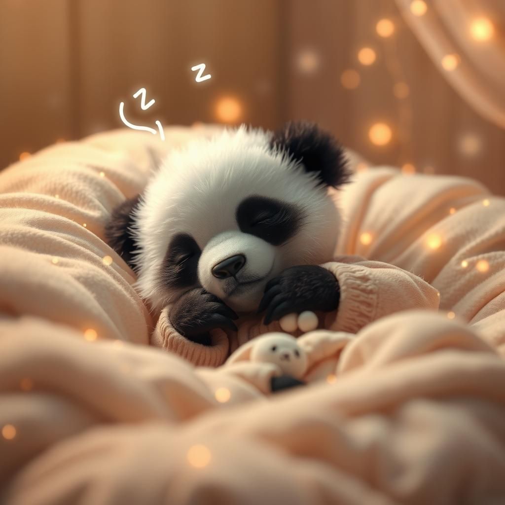 view of a panda playing in fluffy pajamas sleeping in the fluffy bed, speech bubble just above the panda's head written ...