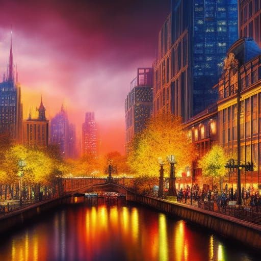 Whimsical City at Night: Detailed Digital Painting