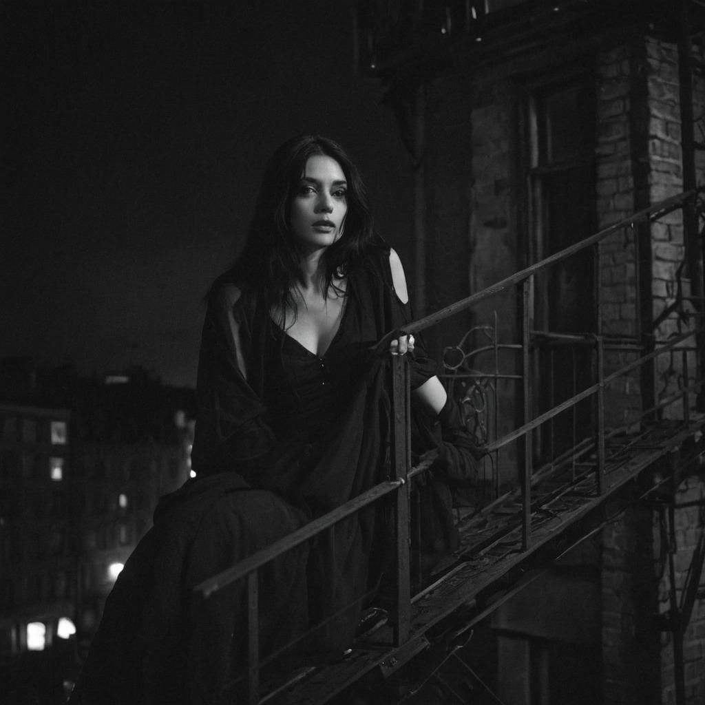 Mysterious Woman on Fire Escape at Night