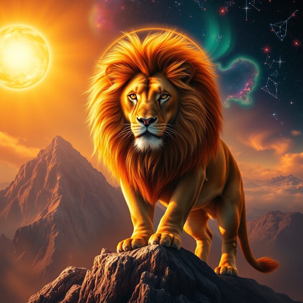 Majestic Golden Lion under Celestial Golden Sun