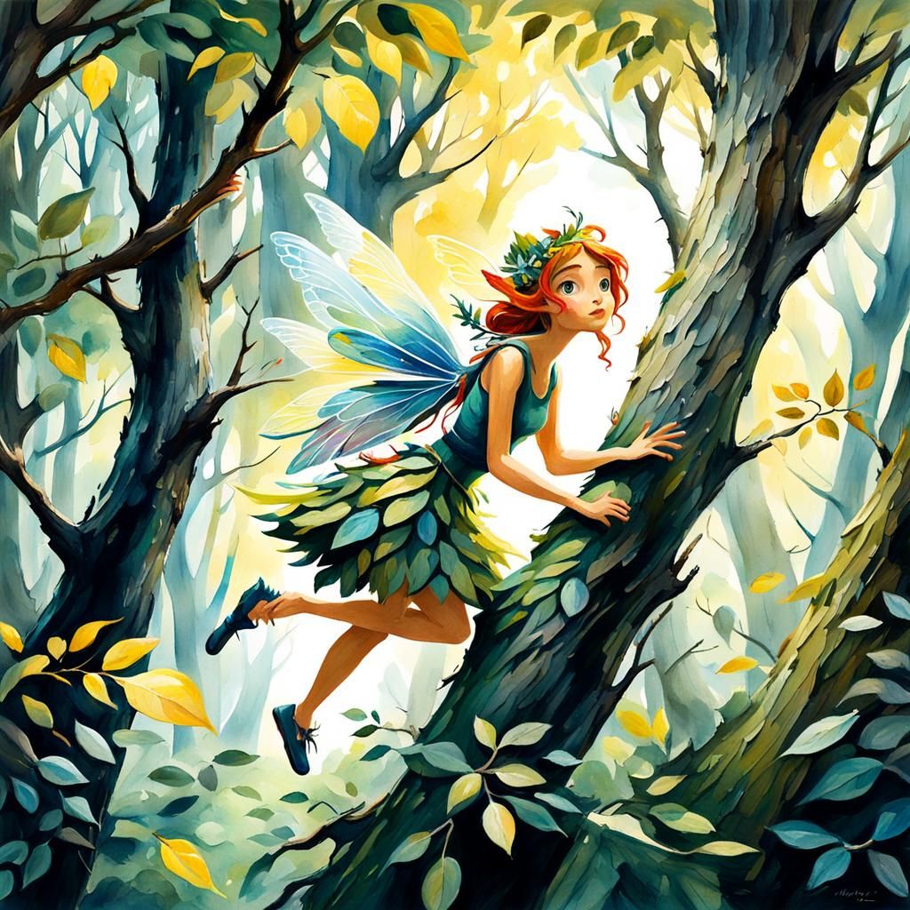 Mischievous Fairy Hiding in Forest, as Gouache Painting