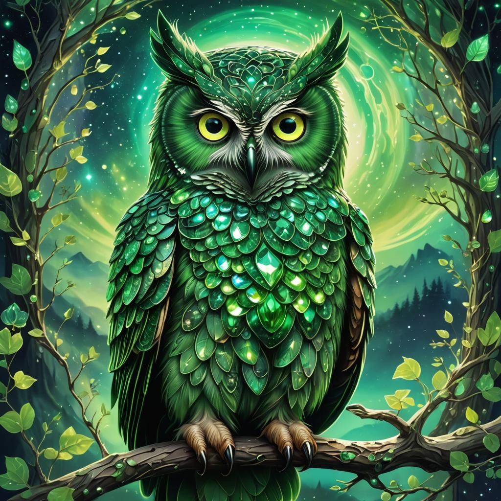Magical Green Gem Owl in Astral Aurora