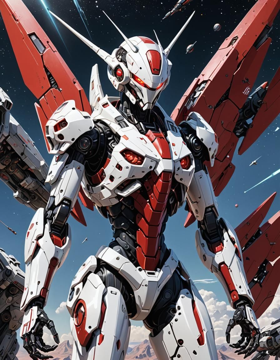 Sci-fi mech soldier in a fighting stance, glossy white and r...