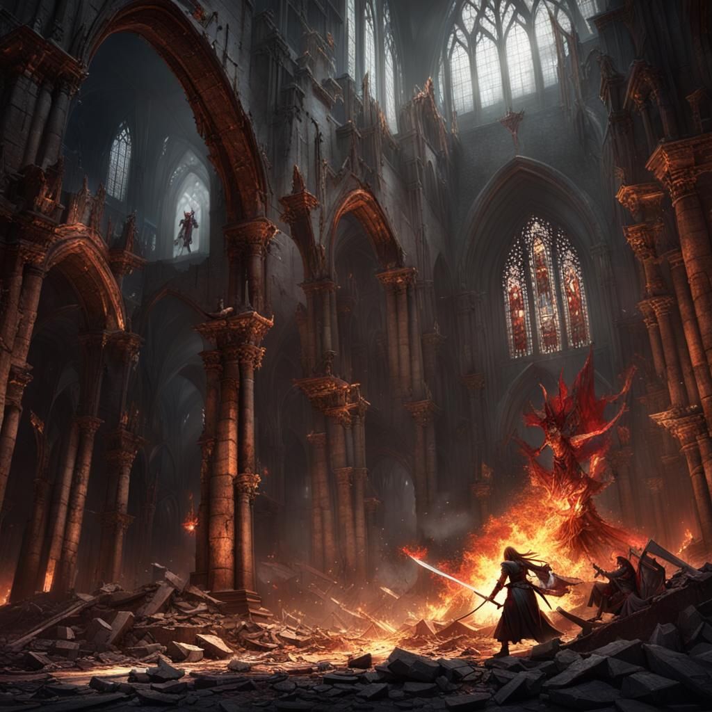 Bleeding Women Duel in Burning Cathedral Ruins