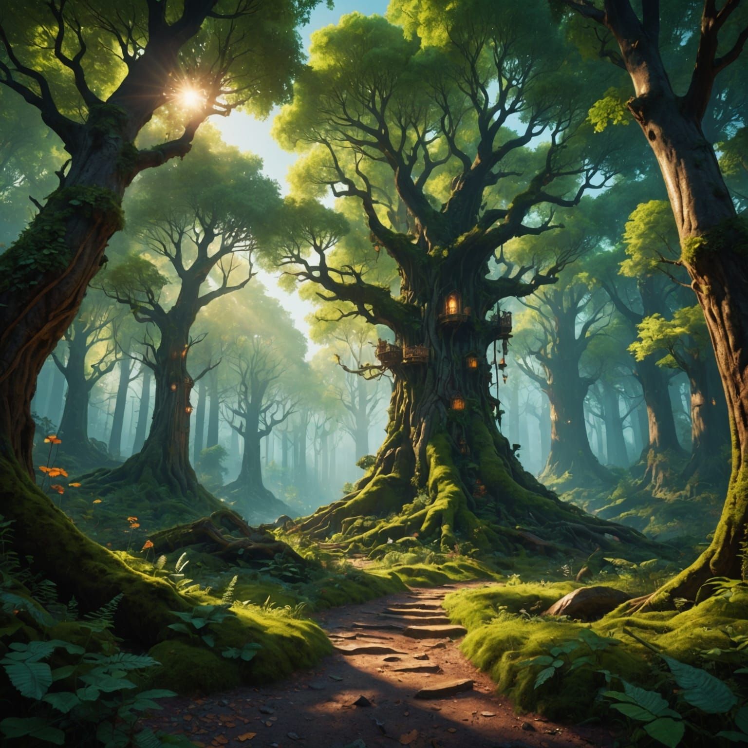 Magical Forest with Warm Light in Digital Art