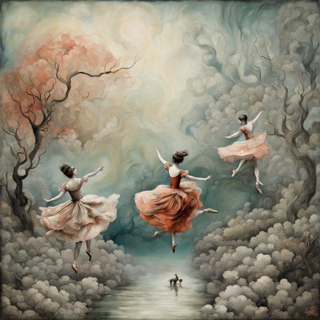 Dancers in Surreal Landscape: Textured Acrylic and Charcoal ...