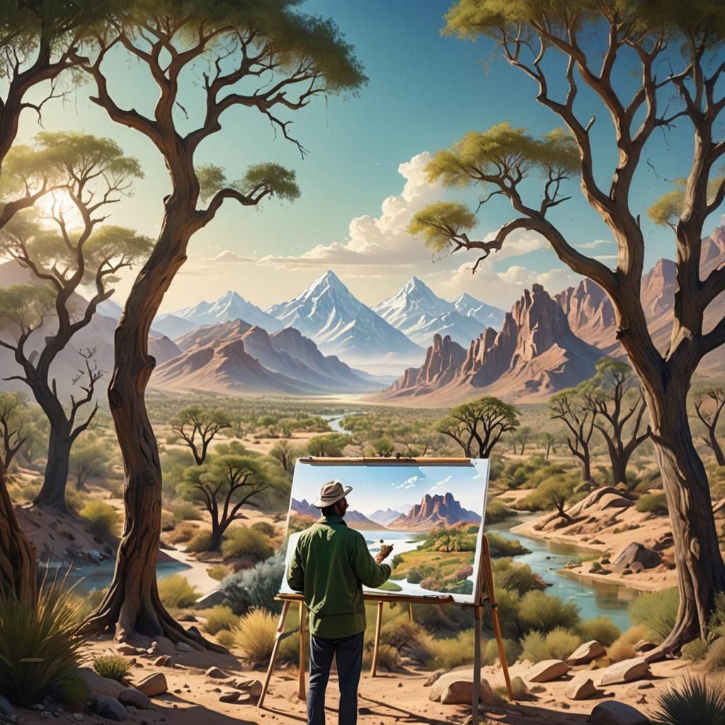 Maximalist Desert Landscape with Painter, Digital Art